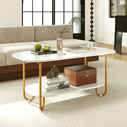 GOPLUS Mesa de Centro Ovalada de 2 Niveles, Mesa de Café con Mármol de Imitación y Estante Abierto, Marco Metálico Dorado, Carga 50+25KG, para Salón, Oficina o Recepción, 100 x 50 x 45 CM