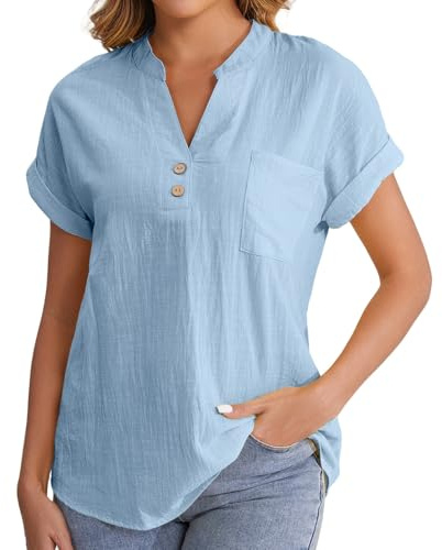 Qixiu Women's Fashion Casual V Neck Button Down Short Sleeve Top T Shirt Gilet