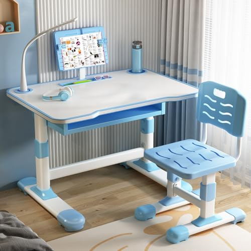 Ensemble bureau et chaise réglable hauteur, support lecture inclinable, tiroir extra large, lampe LED pour enfants 3-18 ans, école, maison, bleu