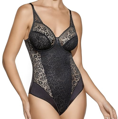 Selene, Body Mujer en Encaje Efecto Transparente, con Aro y Motivo Floral, Sin Relleno, Colección Graziella, Color Negro, Copa 105 C