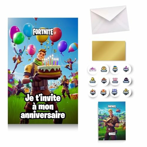 GeekWithAttitude Cartes d'Invitation Anniversaire Fortniite, Lot de 10 avec Stickers et Autocollants Dorés à Gratter, Enveloppes et Carte Quizz Interactive