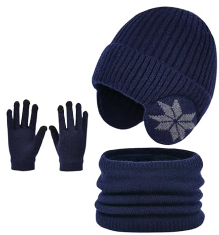 Enwokran Kids Winter Beanie Hat Scarf Gloves Set with Earflaps, Unisex Fleece Inner Lining Elastic Warm Knit Beanie Cap Earmuff Neck Warmer Touchscreen Gloves for Children Aged 4-10 (Navy)