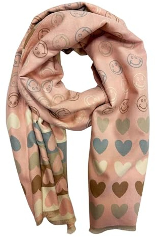 Jeamis Sciarpa XXL Smiley Love con motivo a forma di cuore, calda sciarpa invernale alla moda, per autunno e primavera, con frange Smile, Colore: rosa., 190 x 68 cm