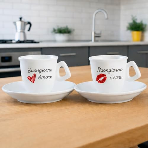 BrandPrint Set 2 Tazzine Caffè con Piattino - Serigrafia Artigianale BUONGIORNO AMORE, BUONGIORNO TESORO in Box Elegante - 100% Made in Italy - Regalo Coppia San Valentino, Anniversario, Matrimonio