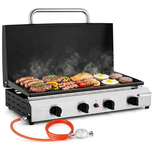 LIFERUN Barbacoa de gas de mesa con 4 quemadores de acero inoxidable (9,6 KW), parrilla grande de mesa con tapa (superficie de parrilla de 74 x 35 cm), parrilla de camping con revestimiento de pintura