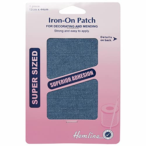Hemline Iron On Repair Mid Denim (12 x 44cm) XL Cotton Twill Patches (1Pc) Mend Glue Sew Fabric Jackets Curtains Pillows Lining H690LMD