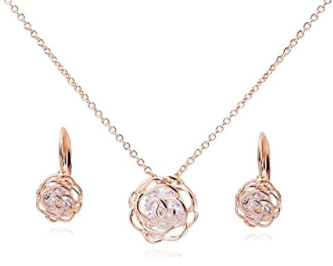 Crystalline Azuria Rose Blumen Kristalle Schmuck-Set Halskette Anhänger 45 cm Leverback Ohrringe 18 kt Rosé Vergoldet für Damen
