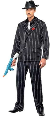 Smiffys Zoot Suit Costume, Male, Black Jacket Rose in Lapel, Trousers, Shirt Front & Tie, 1920's Razzle Fancy Dress, 1920s Dress Up Costumes