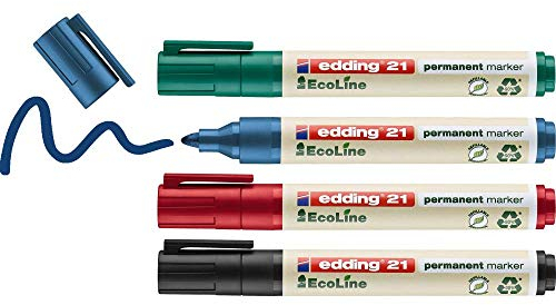 edding 21 Ecoline Permanentmarker Set - bunte Farben - 4 Stifte - Rundspitze 1,5-3mm - schnell trocknend - Permanent Marker - wasserfest, wischfest - Karton, Kunststoff, Holz, Metall - Universalmarker