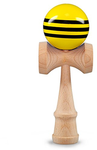Ganzoo Kendama de Madera de Haya, Estilo japonés Tradicional, Juego de Habilidad con 3 cazoletas (Laterales e Inferior), pincho, Bola Perforada y cordón de Nailon, Amarillo Negro + Natural