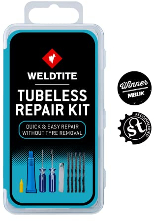 WELDTITE Tubeless Bike Tyre Repair Kit - Quick & Easy Fix Without Tyre Removal - Includes Mending Strings, Rasp & Split Eye Tools, Rubber Solution & Knife