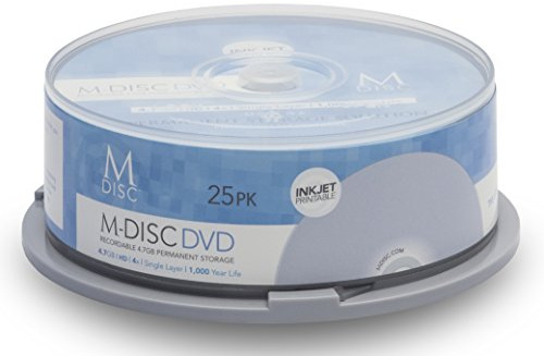 25 Pack Millenniata M-Disc DVD 4.7GB 4X HD White Inkjet Printable 1000 Year Permanent Data Archival / Backup Blank Media Recordable Disc
