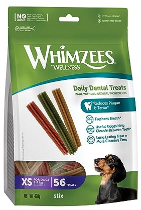 WHIMZEES Stix, Kaustangen für sehr kleine Hunde, Hundesnack zur Zahnpflege, Größe XS, 56 Stück, ohne Zuckerzusatz, getreidefrei, natürlich, fettarm