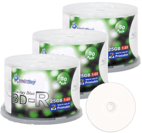 Smartbuy 150 Pack Bd-r 25gb 6X Blu-ray Single Layer Recordable Disc Printable White Inkjet Blank Data Video Media 150 Disc Spindle
