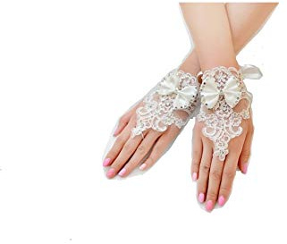Miya ® 1paare mariée princesse glamour élégant main bijoux gants gants en dentelle satin et dentelle et perles cristaux, accessoire mariée mariage soirée, couleur blanc