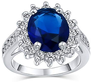 Bling Jewelry Anillo De Compromiso De Zafiro Simulado De Cubic Zirconia Ovalada Con Halo De Corona En Plata Plateada Tradicional Clásico Personalizable De 5 Quilates Para Mujeres