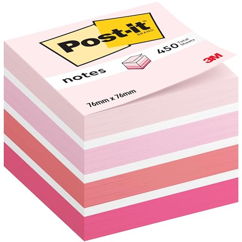Post-it Notes Cube Pastel Colors Collection, Pack of 1 Pad, of 450 Sheets, 76 mm x 76 mm, Pink, White, Orange Colors - Self-Stick Notes for Note Taking, to Do Lists & Reminders