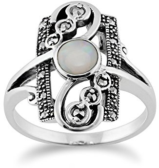 Gemondo - Bague Argent Sterling 925 Cabochon Opale 0.28ct & Marcassite 0.15ct Style Classique Art Nouveau - Argent sterling, Argent 925, 56.5