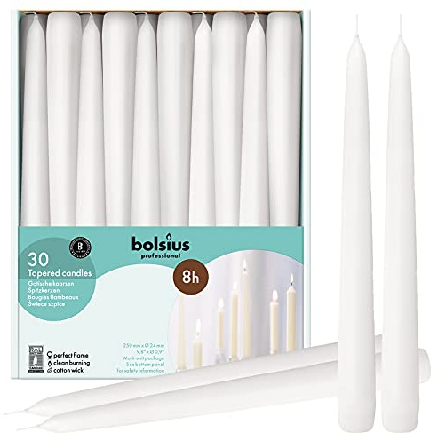 BOLSIUS Long White Taper Candles - Bulk Pack of 30 Count - 10-inch Unscented Household Candlesticks - Premium European Quality Wax - 8 Hour Long Burning Candles for Home Décor, Weddings & Parties