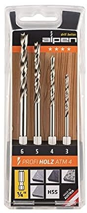 alpen 603002100 HSS Maschinen-Holzspiralbohrer Profi Holz, ¼“ Sechskant-Schaft, Ø 3 | 4 | 5 | 6 mm als 4-teiliger Satz in der Kunststoffkassette