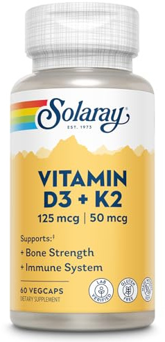 SOLARAY Vitamin D3 K2, K2 D3 Vitamin Supplement for Calcium Absorption, Bone Strength, Cardiovascular & Immune Function Support, Made Without Soy, 60-Day Guarantee, 60 Servings, 60 VegCaps
