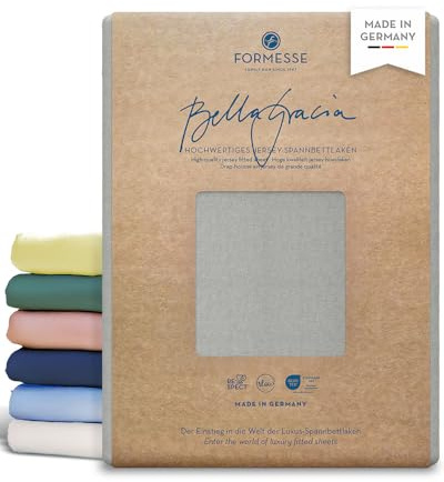 Formesse – Bella Gracia Jersey Spannbettlaken 90x190-100x220cm - bis 25cm Höhe - 97% Baumwoll-Kompaktgarn/Spannbetttuch aus Deutschland/Baumwoll Bettlaken mit Elasthan - Farbe Hellgrau