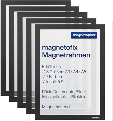 magnetoplan magnetofix Lot de 5 cadres magnétiques magnétiques A4 pour signalisation, cadre magnétique pliable, noir