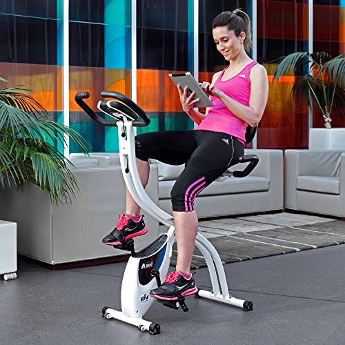 ION Fitness - AXEL Bicicleta Estática con Respaldo - Sillín regulable y polivalente - Bicicleta Estática Plegable con Monitor LCD - 8 Niveles de Resistencia - Soporta hasta 95 Kg