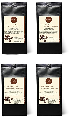 4 x Kaffee mit Geschmack - Kaffee Geschenk Probierset - Mandel Zimt, Toffee, Schokolade, Macadamia - Arabica Röstkaffee mit Aroma - gemahlen - 4 x 75 g (300 g insgesamt)