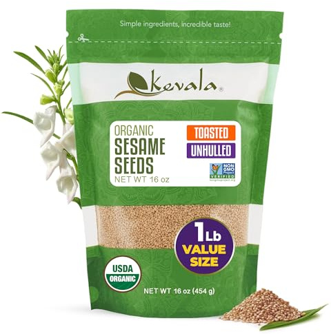 Kevala Organic Toasted Sesame Seeds (Unhulled) - Nutritious Snack for Clean Food Lovers, Ingredient for Making Hummus, Allergen Friendly Seeds Free of Peanuts and Tree Nuts, Zipper Bag, 16 oz, 1 lb