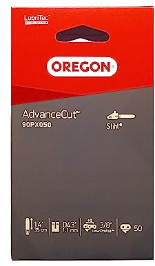 Oregon Cadena de Motosierra AdvanceCut 3/8 Low Profile de 0,043 (1,1 mm) Chamfer Chisel para espada de 35 cm (14) y 50 Eslabones de Transmisión, Compatible con Efco, Oleo Mac y Stihl (90PX)