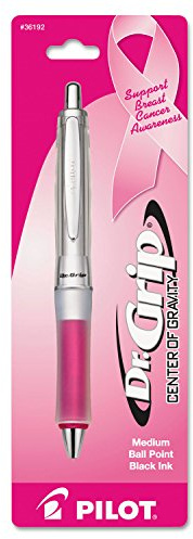PILOT Dr. Grip Center of Gravity - Breast Cancer Awareness Refillable & Retractable Ballpoint Pen, Medium Point, Silver/Pink Barrel, Black Ink, Single Pen (36192)