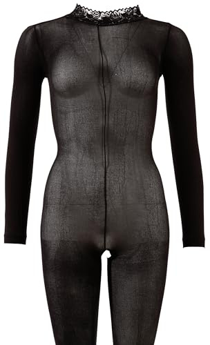 Mandy Mystery Lingerie Catsuit ouvert - verführerischer Overall für sie, hautenger Langarm-Ganzkörpereinteiler mit offenem Schritt, schwarz