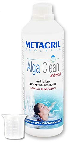 Metacril Alga Clean Shock + Bicchierino Dosatore Graduato, Elimina le Alghe, Non Schiumogeno, Azzurrante e Schiarente, per Piscina e Spa Idromassaggio -1L