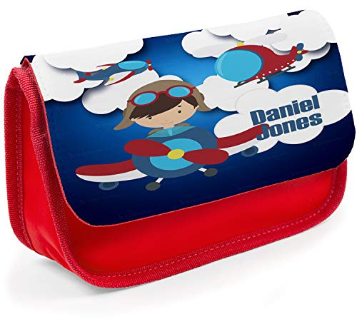 Personalised School Pencil Case Pilot Captain Plane Stationary Bag Boys Girls EC023 (Red)