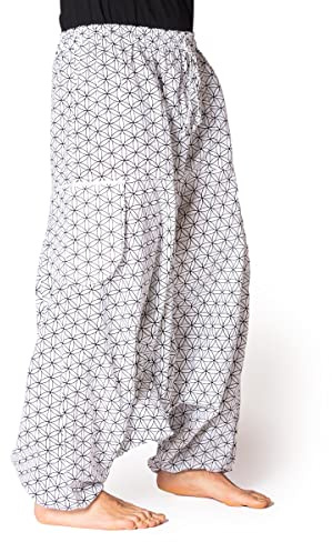 PANASIAM Pantaloni Aladin 'geometrix', con motivi tradizionali giapponesi, prodotti in piccole aziende familiari, Fiore della Vita Bianco, 34-37
