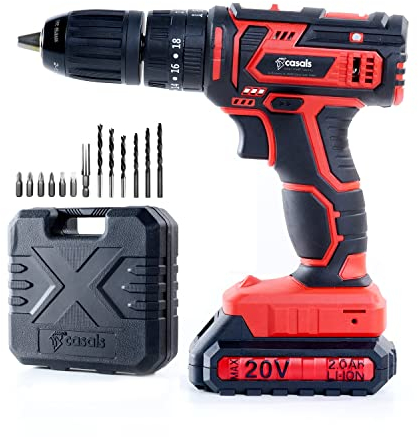 Casals - Taladro Percutor sin Cable | 20V 2.0Ah Ion Litio | 18 Niveles de Par | 3en1 (Atornillador/Taladro/Percutor) | 1400rpm 30 Nm| Batería Intercambiable Extraíble | Incluye Maletín Portabrocas
