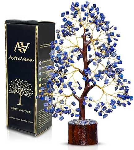 AstraVeda Lapis Lazuli Crystal Tree of Life, Natural Gemstone Home Decor | Handcrafted blue lapis lazuli gemstone tree with around 300 crystal chips, for desks, shelves and meditation decor