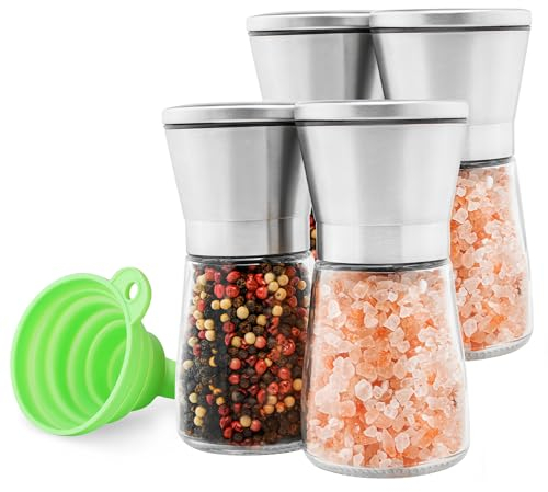 M JINGMEI Gucass 4er Set Salzmühle und Pfeffermühle, Gewürzmühlen Set mit Verstellbarem Keramikmahlwerk, Pfeffer und Pfeffermühle Auch als Chilimühle, Manuell Salt and Pepper Grinder