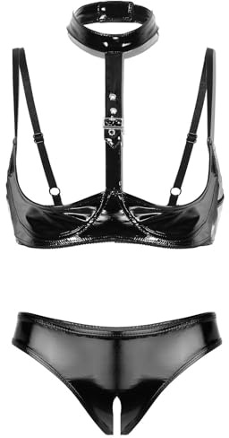 Alvivi 2 Pièces Lingerie en Similicuir Femme Soutien Gorge Corset Et Slip sous Vêtement Creux Ouvert Vêtement De Nuit Brassière S-4XL Noir L