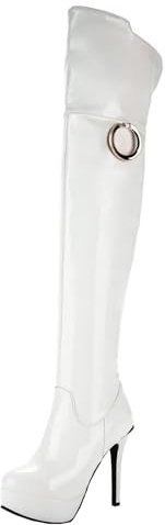 HSyc JRX Stivali da donna a spillo con tacco alto, laccato, sopra il ginocchio, con plateau, bianco, 39.5 EU