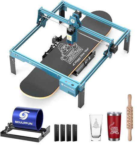 SCULPFUN S1 30 W La-ser Engraving Machine, 5.5 W Power Engraver with Rotary Roller, Fast and Precise La-ser Cutter, Making 3D Wooden Puzzles, DIY Customized for Wood, Metal, Leather, etc.