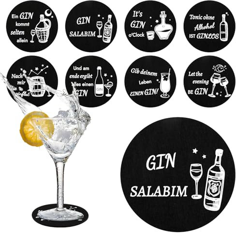 Filzuntersetzer mit Ginsprüchen, 8 Stück Untersetzer Gläser Rund, Gin Glasuntersetzer Hitzebeständiger Waschbarer für Getränke, Bar, Tassen, Glas, Ginliebhaber und Gintrinker (10 x 10cm)