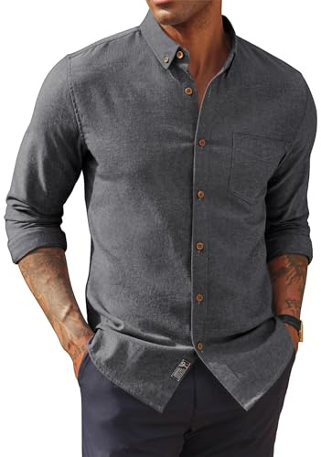 PJ PAUL JONES Men's Cotton Linen Shirt Button Down Collar Long Sleeved Casual Office Shirts Black L