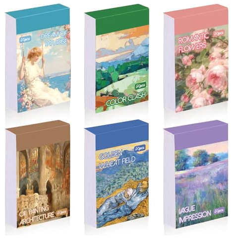 Oil Painting Sticker Set - 6 Vintage Sticker Books with 300 Pieces Aesthetic Scrapbooking Accessories for Bullet Journal, Diary & DIY. Includes Flowers, Landscapes, Architecture