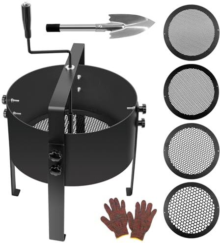 LIROPAU Colino da giardino, colino per compost, filtro da giardino, in acciaio inox, con 4 inserti intercambiabili, Ø 3,6,9,12 mm, filtro a manovella in metallo, per terra, compost, semi, erbacce