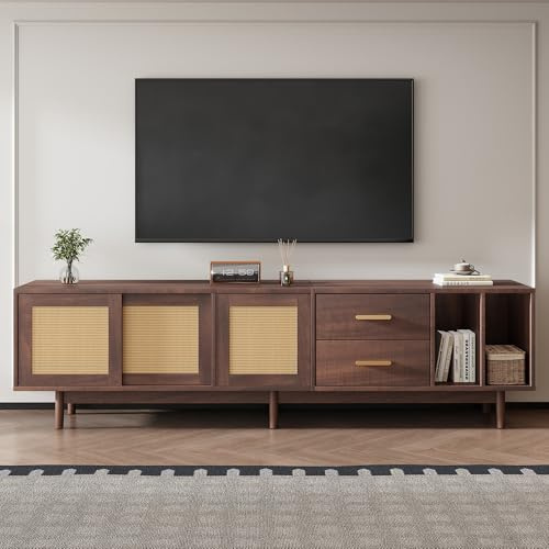 Merax Meuble TV Bas 190 cm pour TV 75 Pouces avec 3 Portes en rotin PE et 2 tiroirs, Buffet TV Design avec 2 Compartiments Ouverts, 6 Pieds Stables – 190x40x52 cm