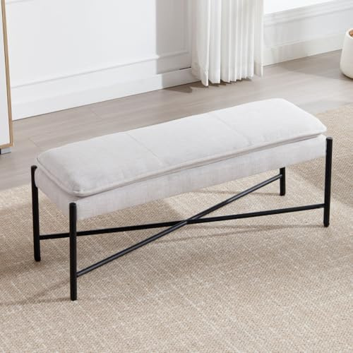 Ya-Home Banc au Bout de Lit en Lin Banquette pour Chambre Salon avec Pieds en Métal Banc Ottoman d'Entrée à Double Couche, Beige