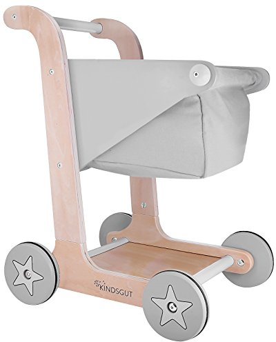 Kindsgut Einkaufswagen aus Holz für Klein-Kinder, Kaufladen Zubehör, hochwertige Qualität, Schlichtes Design und dezente Farben, Grau
