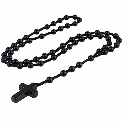 TUMBEELLUWA Black Agate Cross Pendant Beaded Necklace for Men Women, Catholic Rosary Hand Knotted Necklace